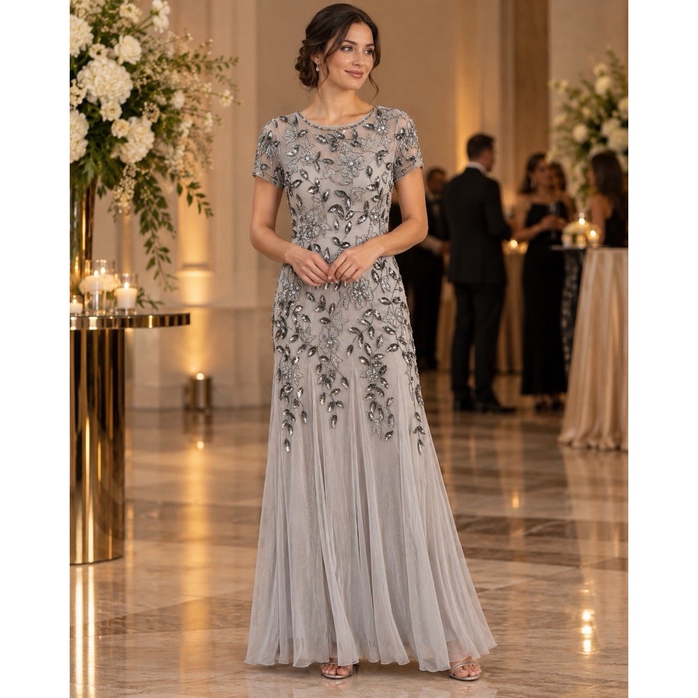 Adrianna Papell Women's 10 Gray Beaded Sequin Floral Evening Gown Maxi Dress